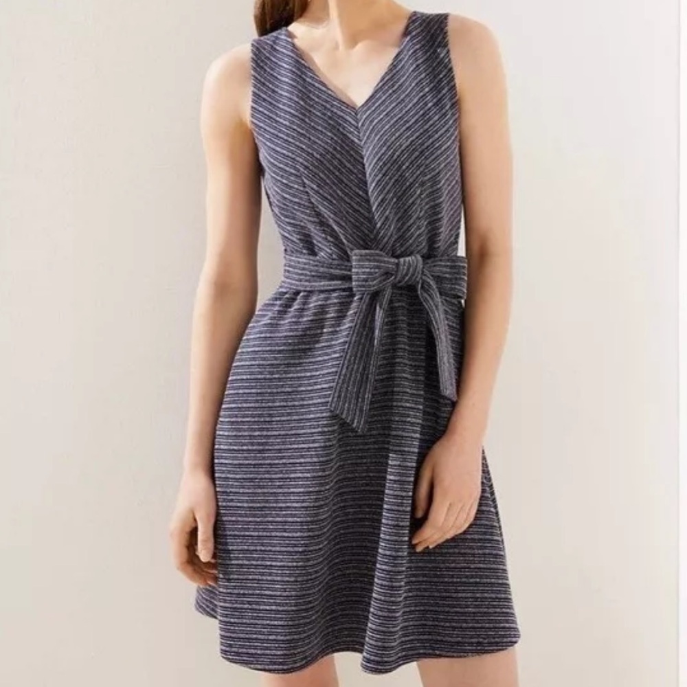 Loft Navy White Striped Textured Tie Waist Pocket Dress
